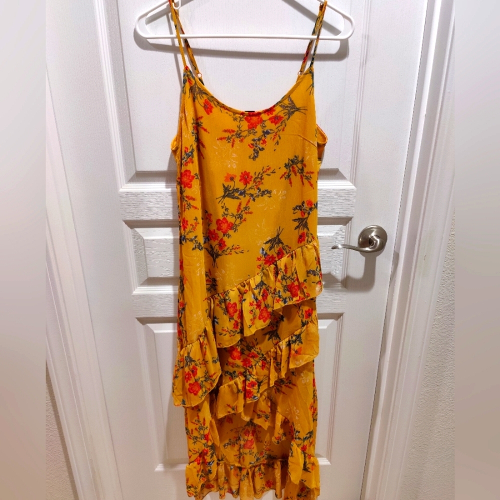 Yellow Red Floral Print Layered Thin Strap Dress 💃